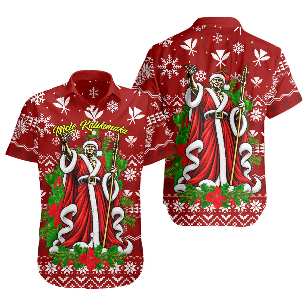Hawaii Short Sleeve Shirt Mele Kalikimaka King Kamehameha Santa Polynesian Holiday Spirit