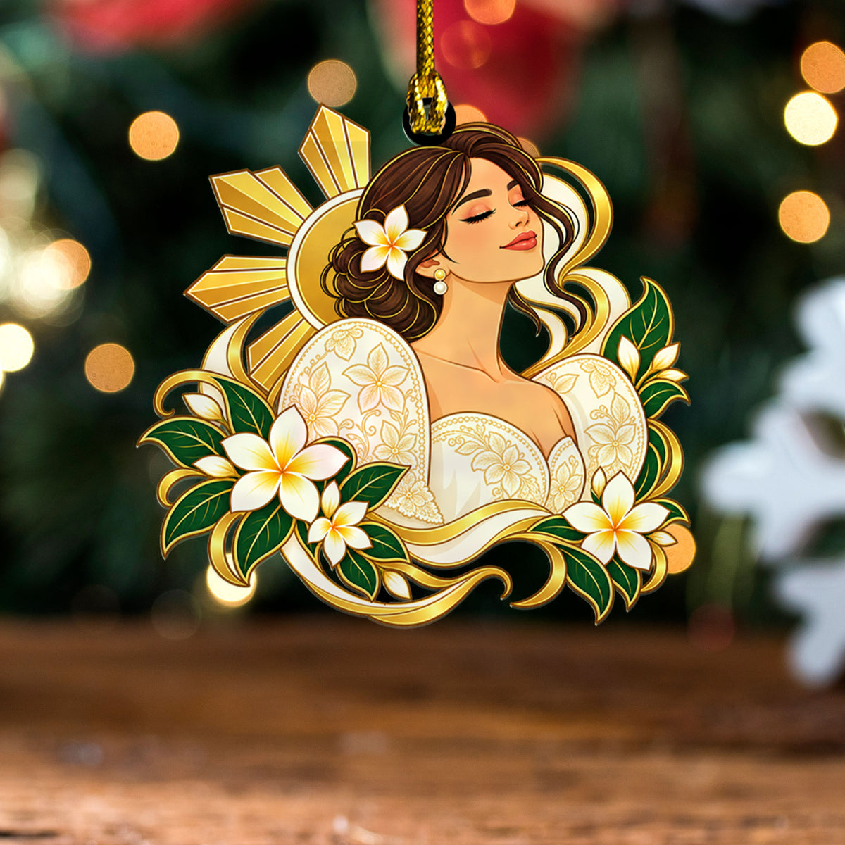 Philippines Filipinos Acrylic And Wooden Ornament Traditional Filipinia Terno Dress Sampaguita Flower