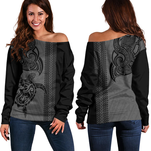Hawaii Off Shoulder Sweatshirt Polynesia Tribal Turtle Tattoo