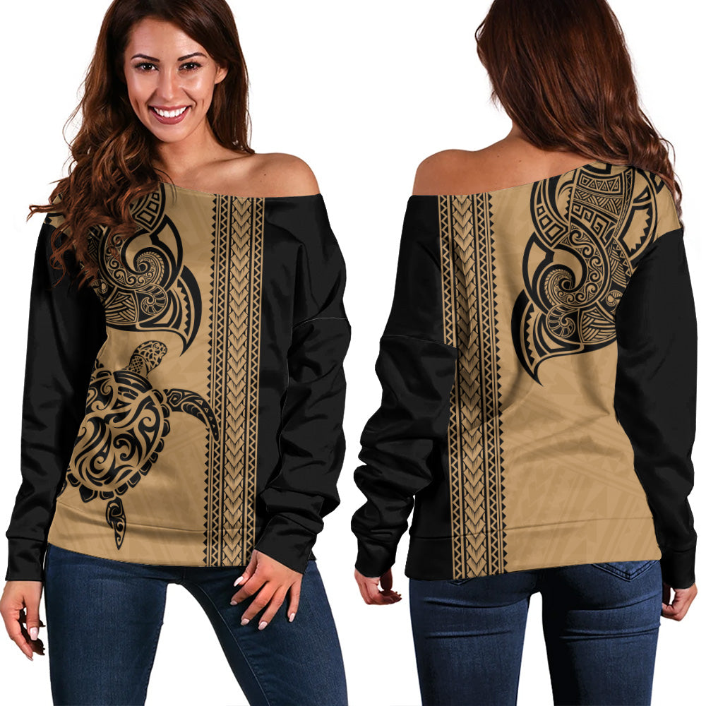 Hawaii Off Shoulder Sweatshirt Polynesia Tribal Turtle Tattoo