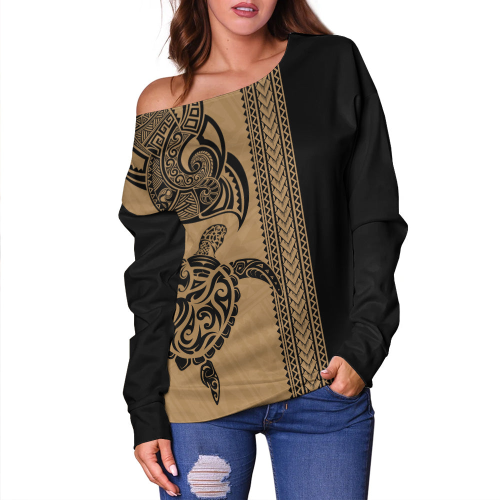 Hawaii Off Shoulder Sweatshirt Polynesia Tribal Turtle Tattoo