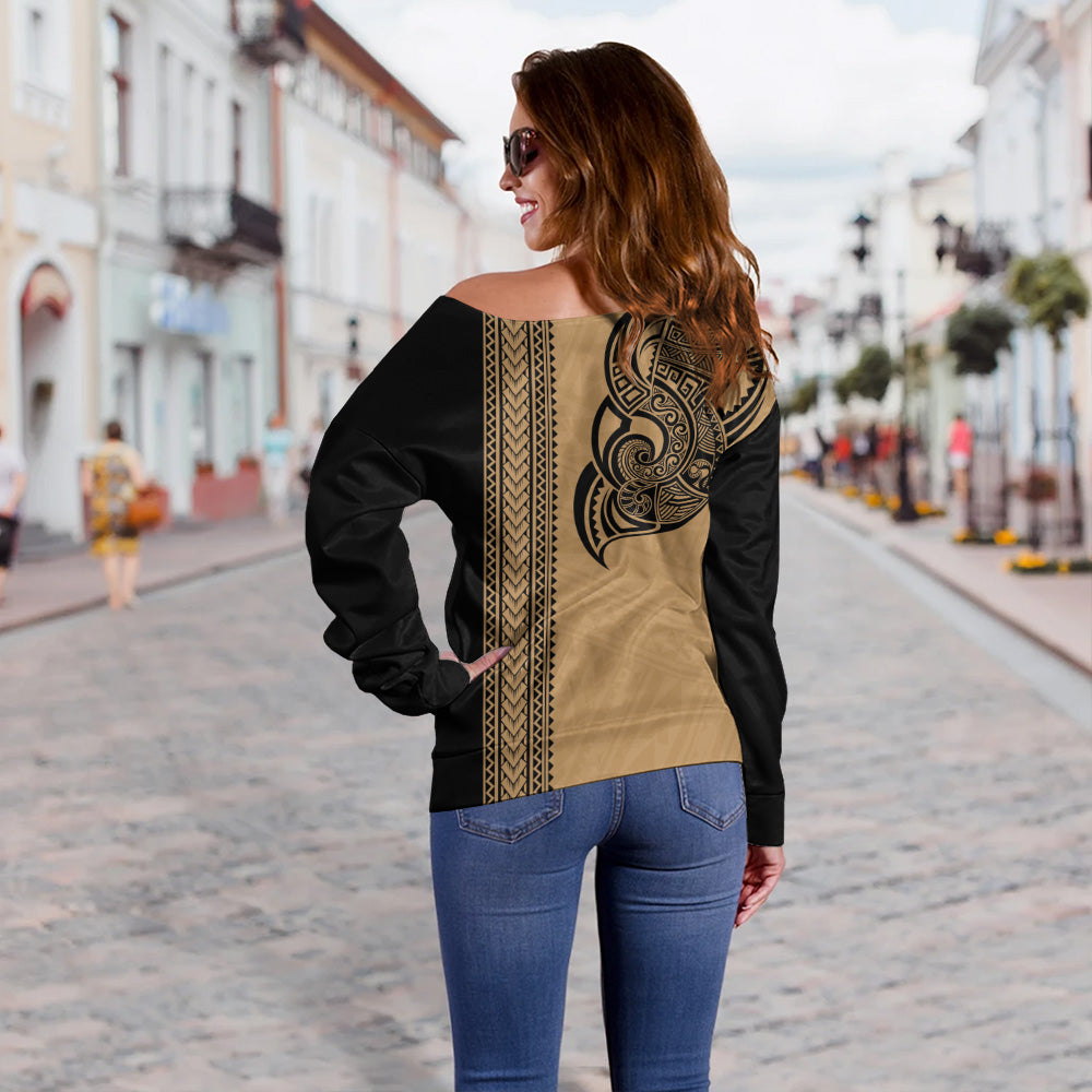 Hawaii Off Shoulder Sweatshirt Polynesia Tribal Turtle Tattoo