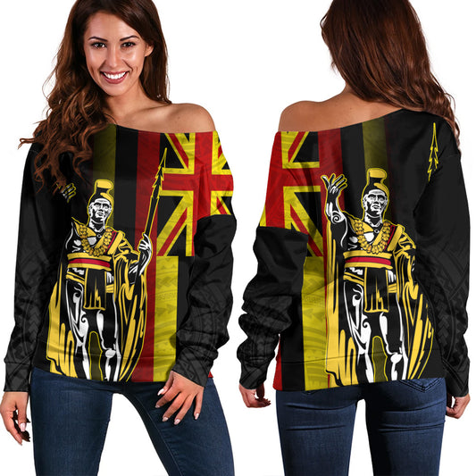 Hawaii Off Shoulder Sweatshirt King Kamehameha Gold Flag Island Royalty Style