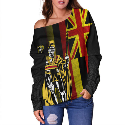 Hawaii Off Shoulder Sweatshirt King Kamehameha Gold Flag Island Royalty Style