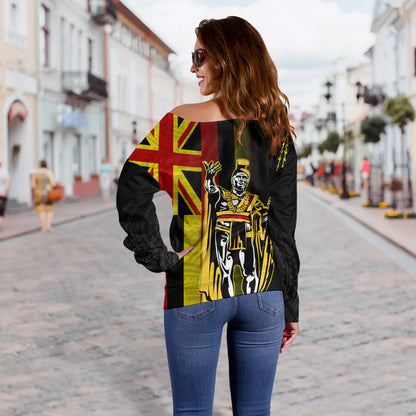 Hawaii Off Shoulder Sweatshirt King Kamehameha Gold Flag Island Royalty Style