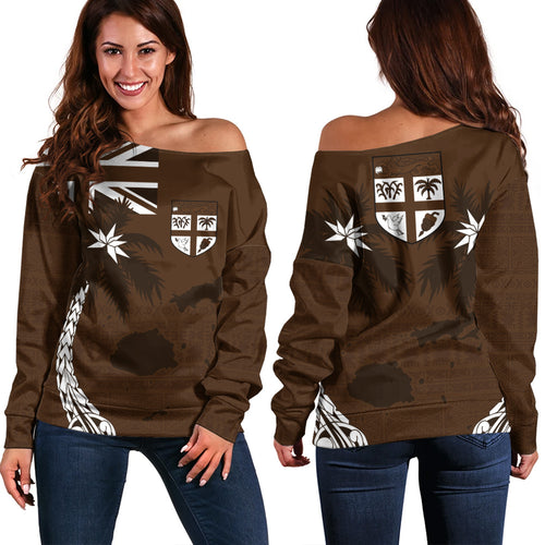Fiji Off Shoulder Sweatshirt Coat Of Arms Flag Islands Brown Tapa Style