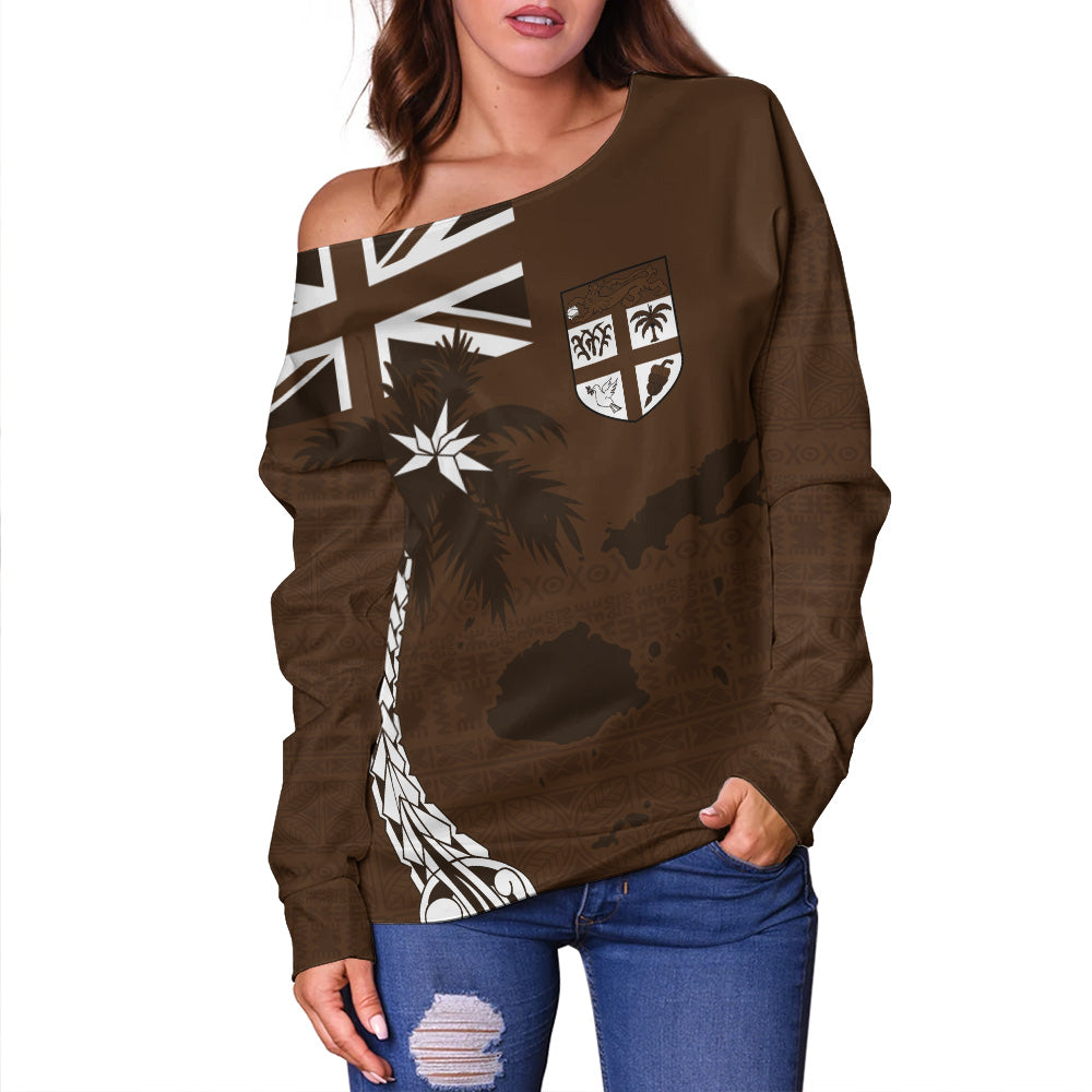 Fiji Off Shoulder Sweatshirt Coat Of Arms Flag Islands Brown Tapa Style
