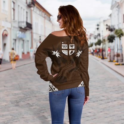 Fiji Off Shoulder Sweatshirt Coat Of Arms Flag Islands Brown Tapa Style
