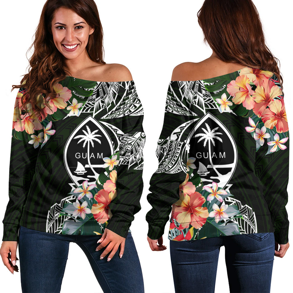 Guam Off Shoulder Sweatshirt Tribal Tropical Leaves