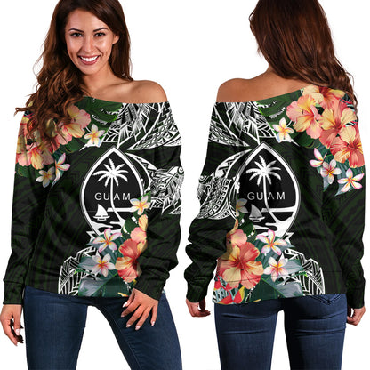 Guam Off Shoulder Sweatshirt Tribal Tropical Leaves