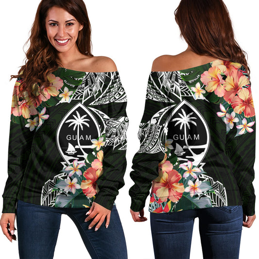 Guam Off Shoulder Sweatshirt Tribal Tropical Leaves