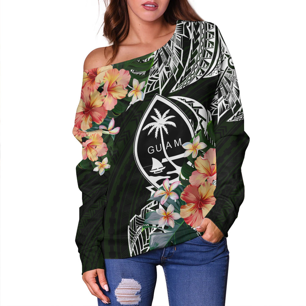 Guam Off Shoulder Sweatshirt Tribal Tropical Leaves