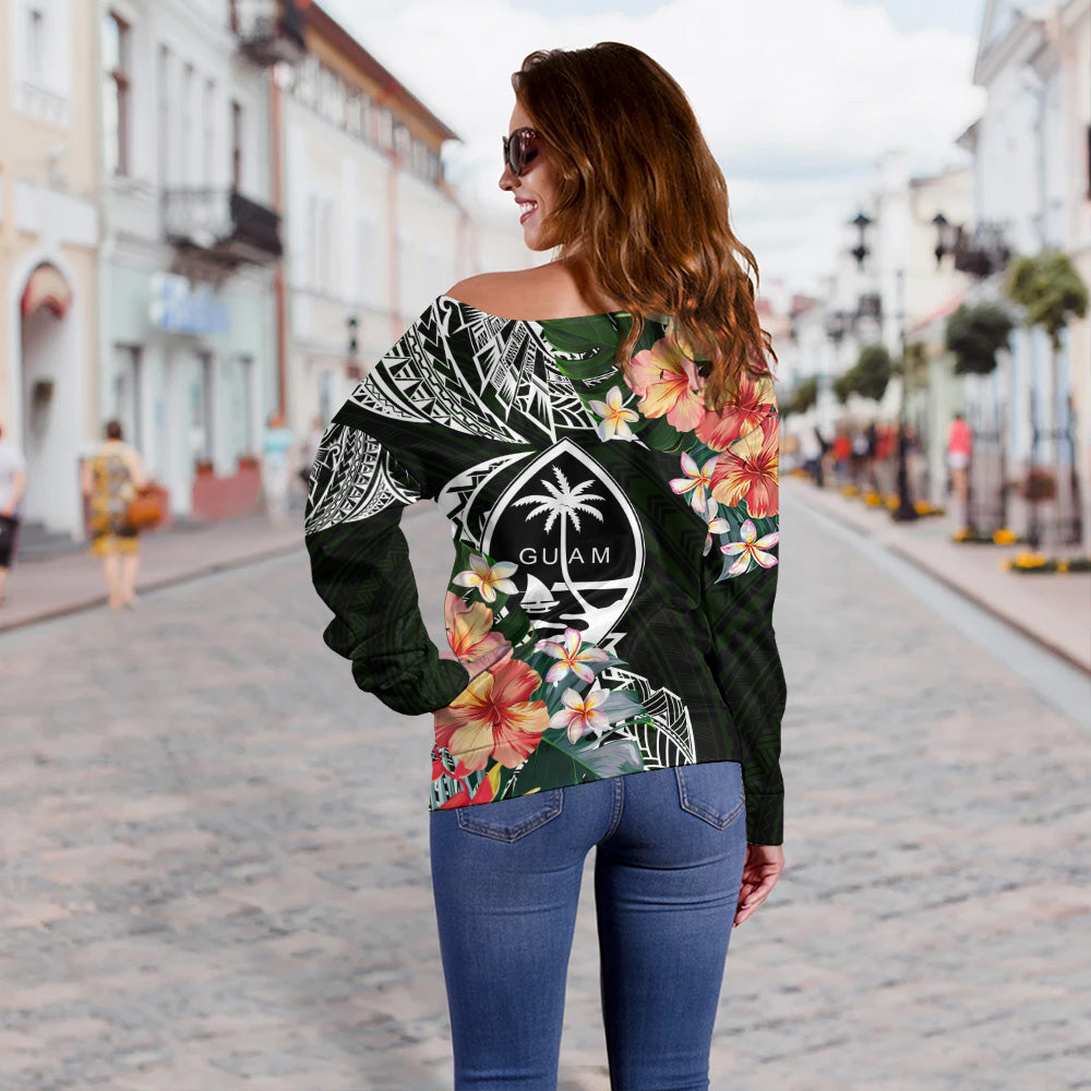 Guam Off Shoulder Sweatshirt Tribal Tropical Leaves