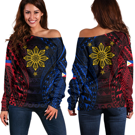 Philippines Filipinos Off Shoulder Sweatshirt Sun Flag Tribal Tattoo Pattern