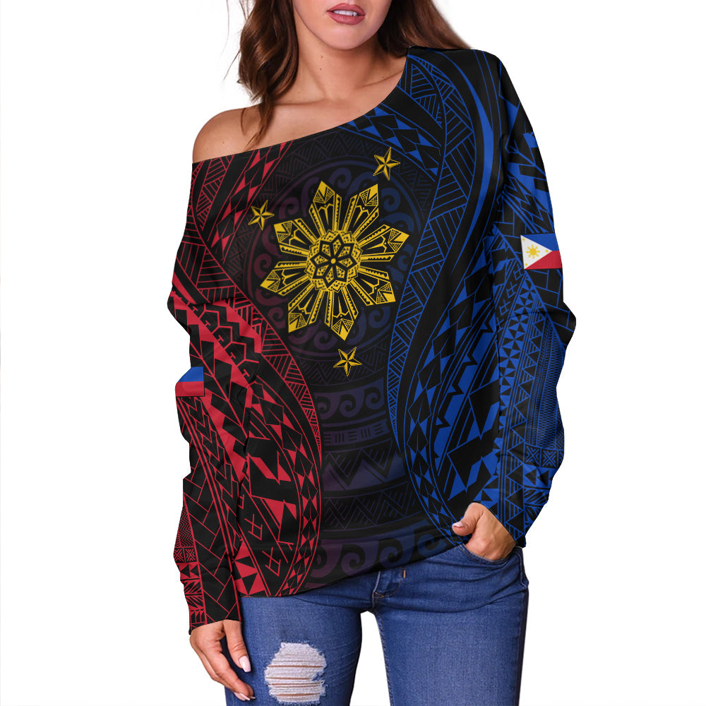Philippines Filipinos Off Shoulder Sweatshirt Sun Flag Tribal Tattoo Pattern