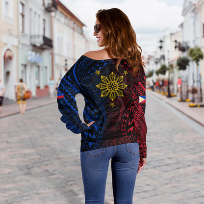 Philippines Filipinos Off Shoulder Sweatshirt Sun Flag Tribal Tattoo Pattern