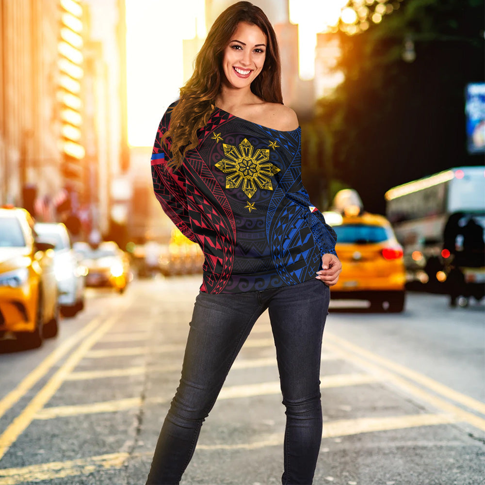 Philippines Filipinos Off Shoulder Sweatshirt Sun Flag Tribal Tattoo Pattern
