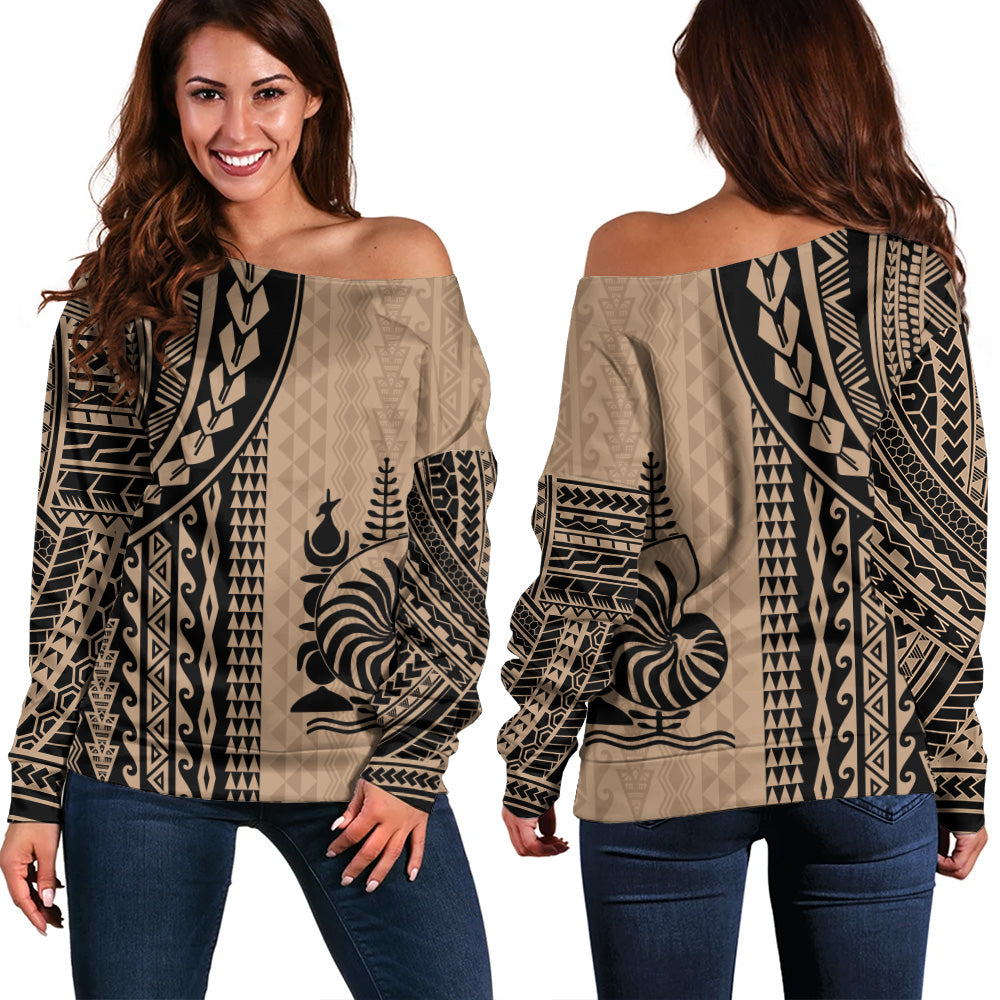 New Caledonia Off Shoulder Sweatshirt Polynesian Tattoo