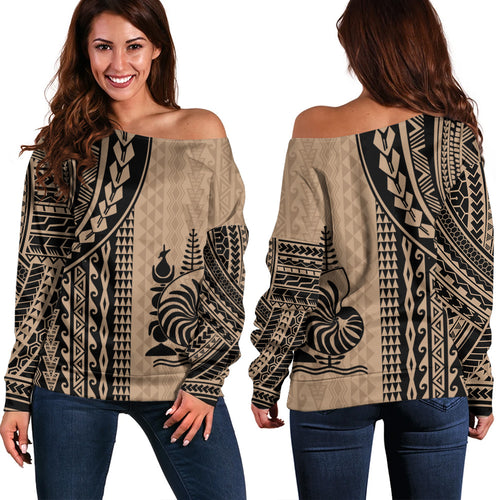 New Caledonia Off Shoulder Sweatshirt Polynesian Tattoo