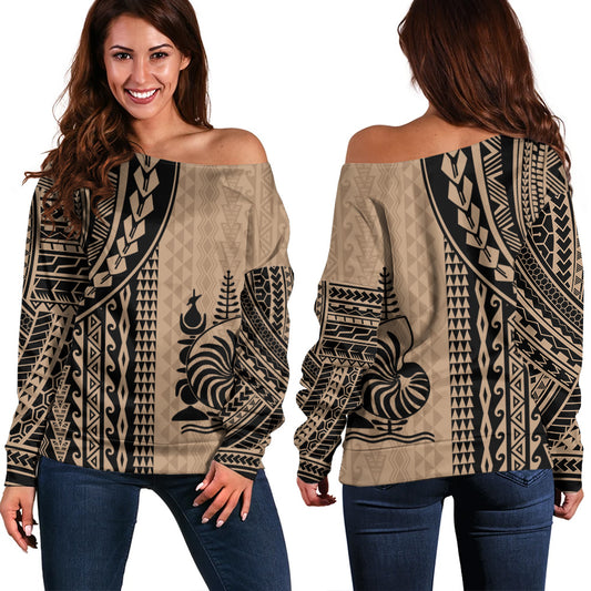 New Caledonia Off Shoulder Sweatshirt Polynesian Tattoo
