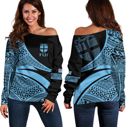 Fiji Off Shoulder Sweatshirt Coat Of Arms Flag Masi Tapa Tribal Style