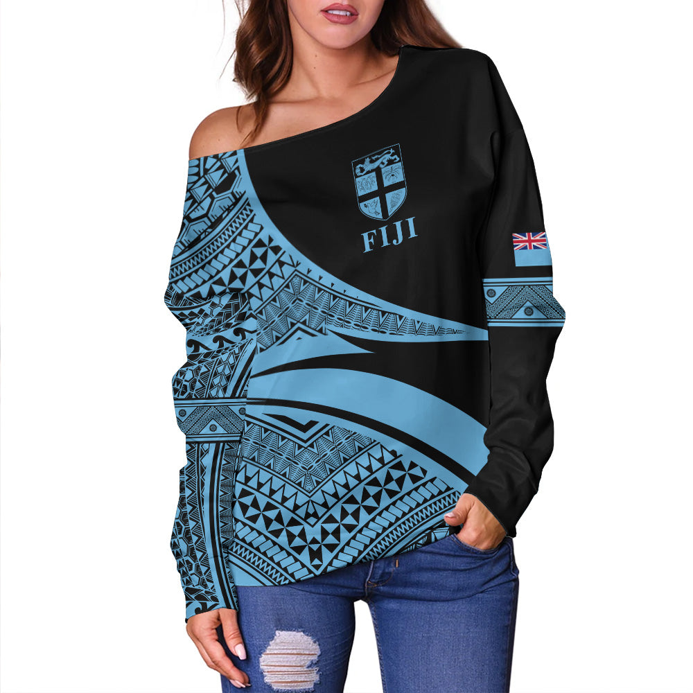 Fiji Off Shoulder Sweatshirt Coat Of Arms Flag Masi Tapa Tribal Style