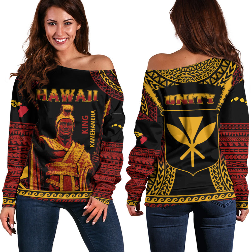 Hawaii Off Shoulder Sweatshirt King Kamehameha Unity Kanaka Maoli Tribal Style