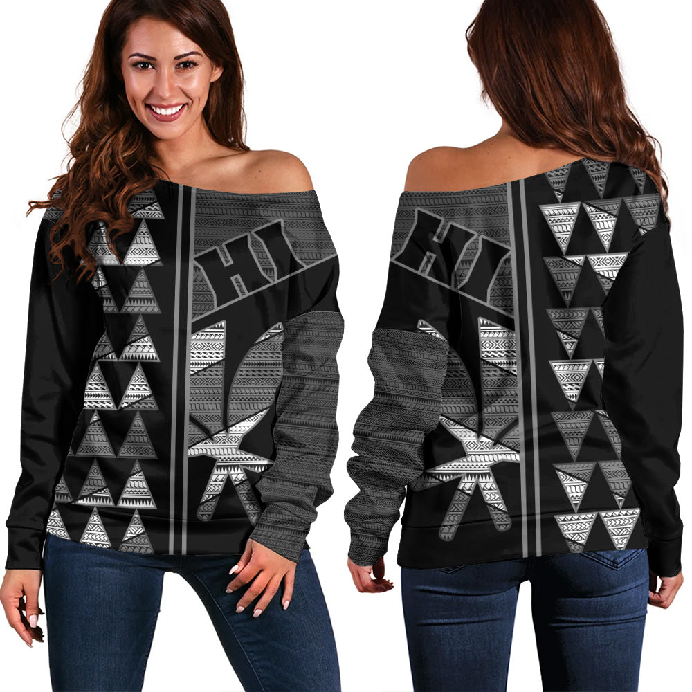 Hawaii Off Shoulder Sweatshirt HI Spear Monochrome Tribal Pattern