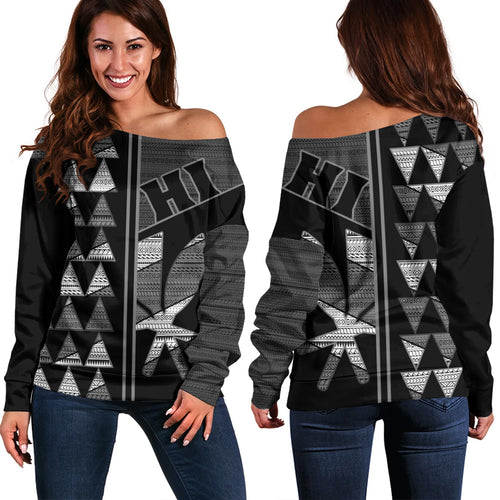 Hawaii Off Shoulder Sweatshirt HI Spear Monochrome Tribal Pattern