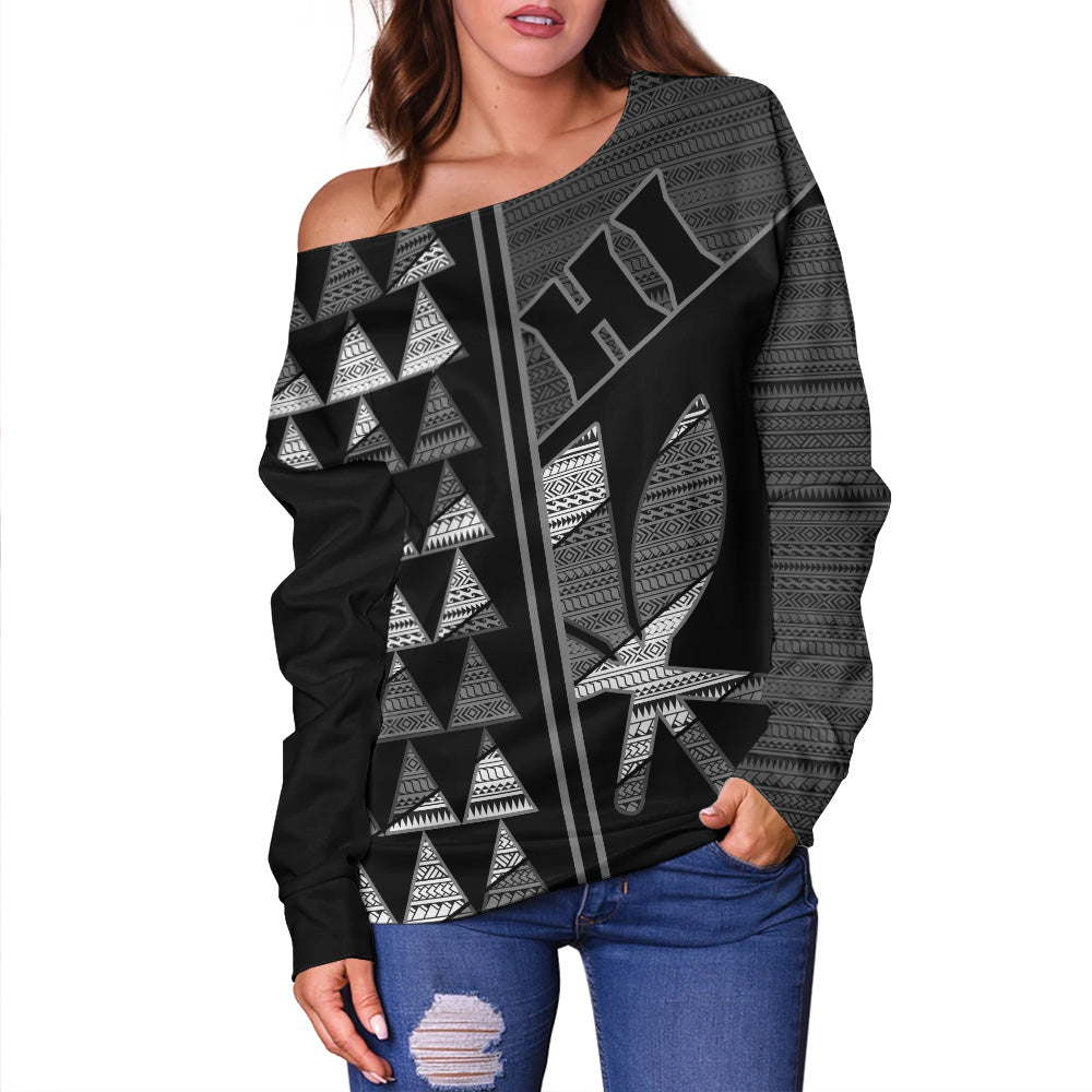 Hawaii Off Shoulder Sweatshirt HI Spear Monochrome Tribal Pattern