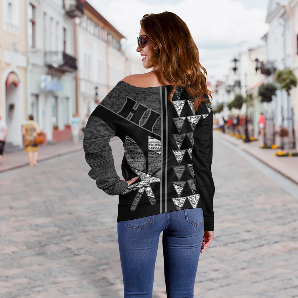 Hawaii Off Shoulder Sweatshirt HI Spear Monochrome Tribal Pattern