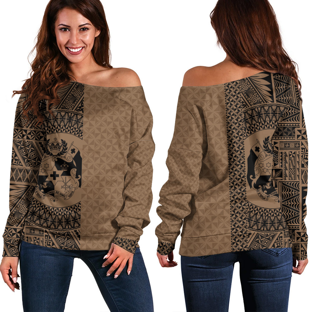 Tonga Off Shoulder Sweatshirt Coat Of Arms Ngatu Tapa Heritage Style