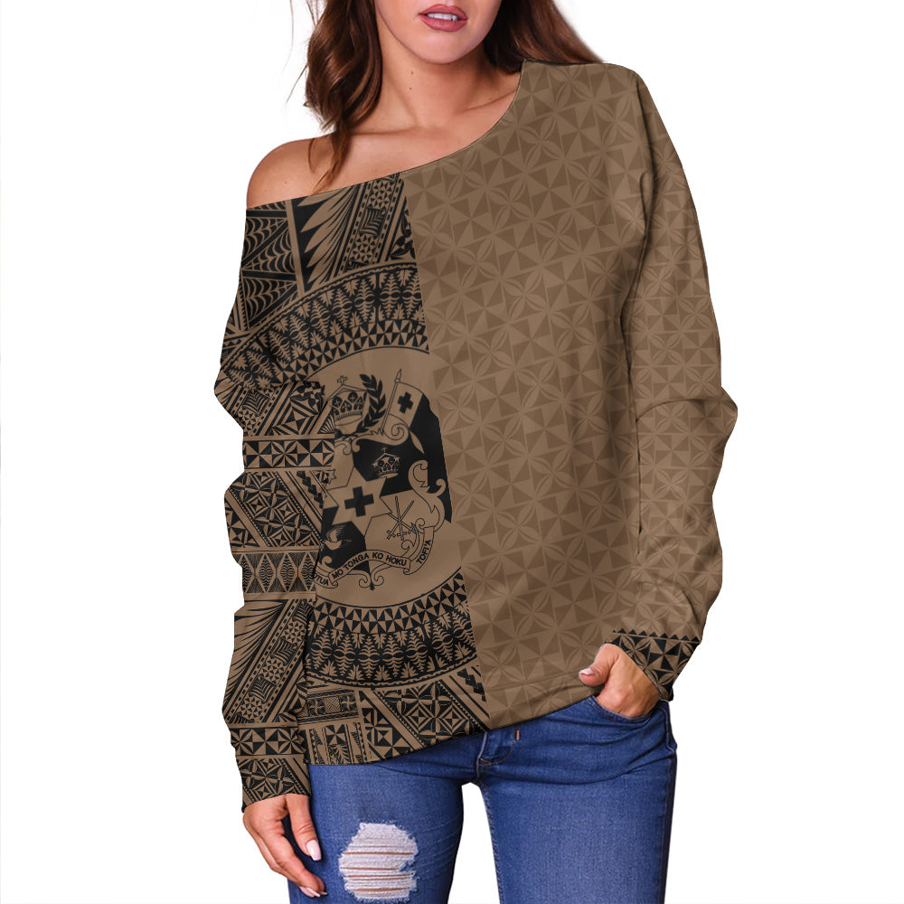 Tonga Off Shoulder Sweatshirt Coat Of Arms Ngatu Tapa Heritage Style