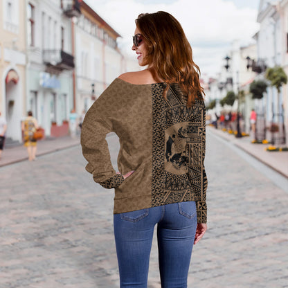 Tonga Off Shoulder Sweatshirt Coat Of Arms Ngatu Tapa Heritage Style