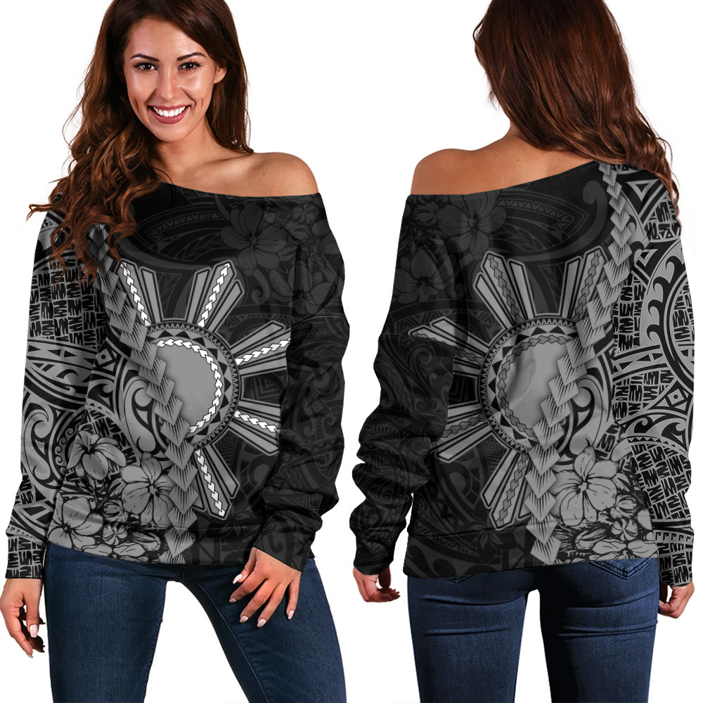 Philippines Filipinos Off Shoulder Sweatshirt Sampaguita Flower Tribal Fusion Style