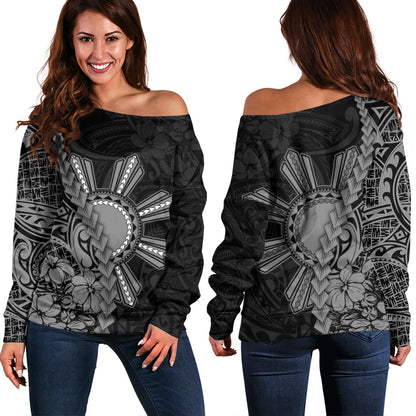 Philippines Filipinos Off Shoulder Sweatshirt Sampaguita Flower Tribal Fusion Style