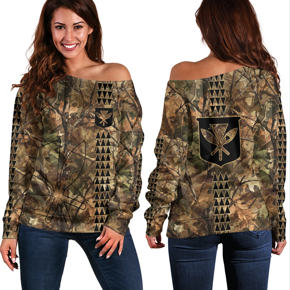 Hawaii Off Shoulder Sweatshirt Woodland Kanaka Camo Style