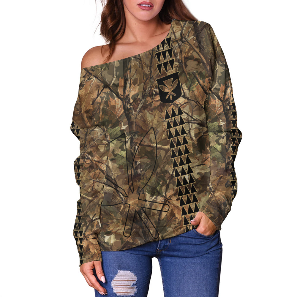 Hawaii Off Shoulder Sweatshirt Woodland Kanaka Camo Style