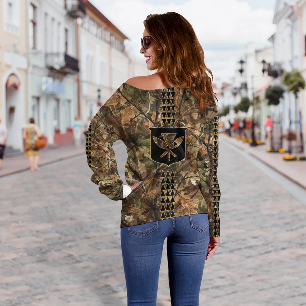 Hawaii Off Shoulder Sweatshirt Woodland Kanaka Camo Style
