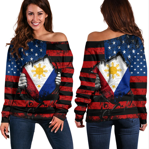 Philippines Filipinos Off Shoulder Sweatshirt Heart American Soul