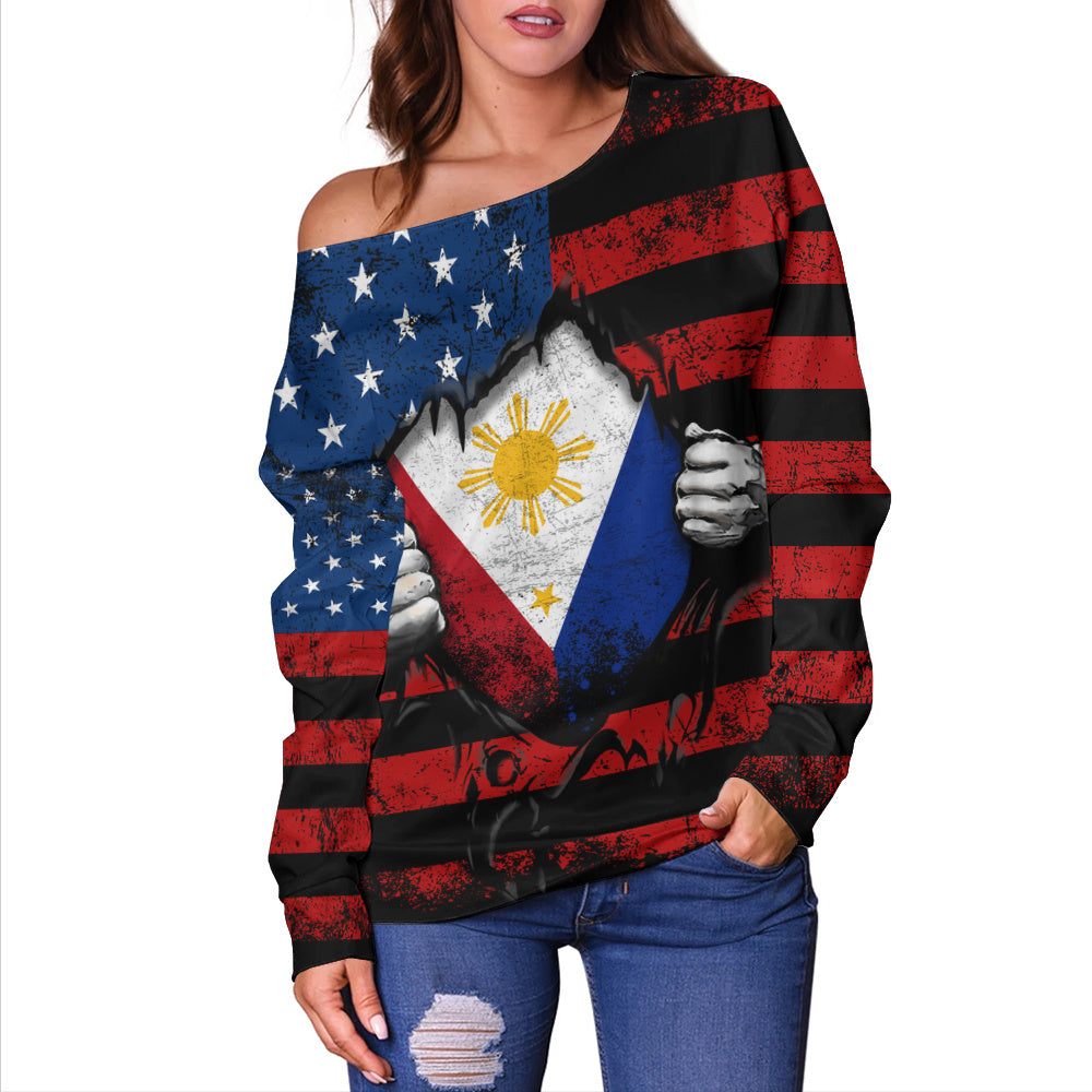 Philippines Filipinos Off Shoulder Sweatshirt Heart American Soul