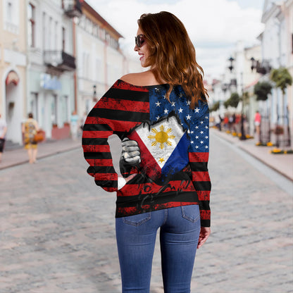 Philippines Filipinos Off Shoulder Sweatshirt Heart American Soul