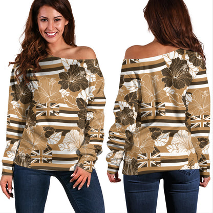 Hawaii Off Shoulder Sweatshirt Hibiscus Flag Map Island Pride