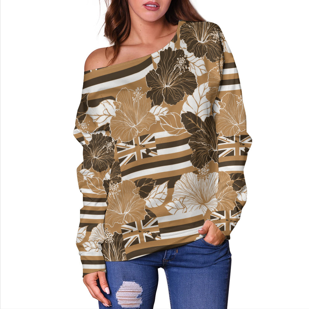 Hawaii Off Shoulder Sweatshirt Hibiscus Flag Map Island Pride