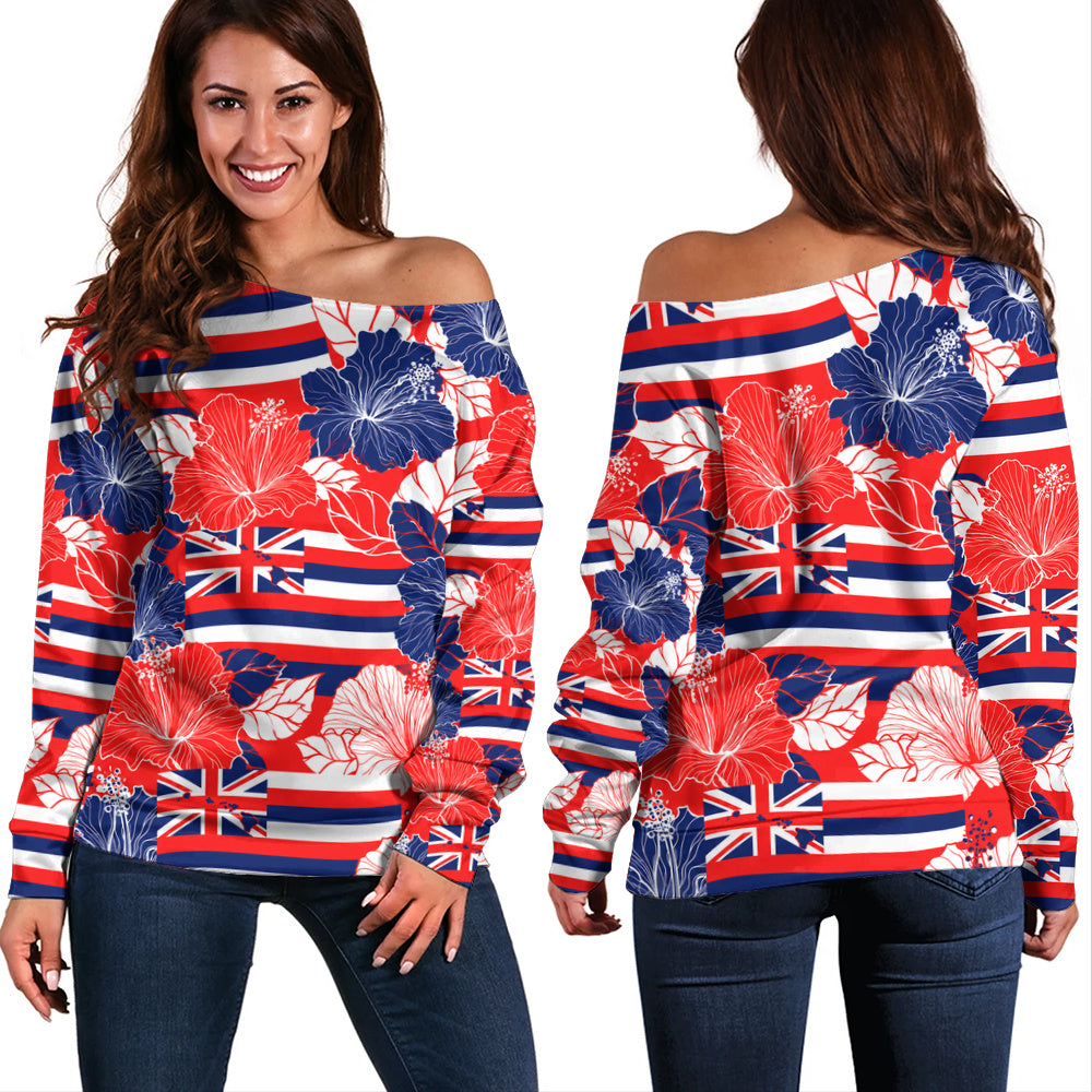 Hawaii Off Shoulder Sweatshirt Hibiscus Flag Map Island Pride