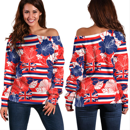 Hawaii Off Shoulder Sweatshirt Hibiscus Flag Map Island Pride