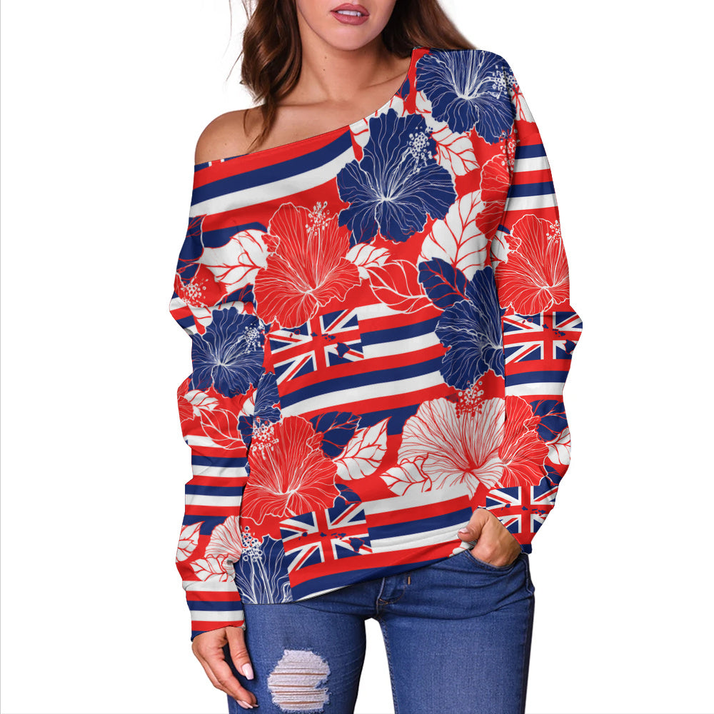 Hawaii Off Shoulder Sweatshirt Hibiscus Flag Map Island Pride