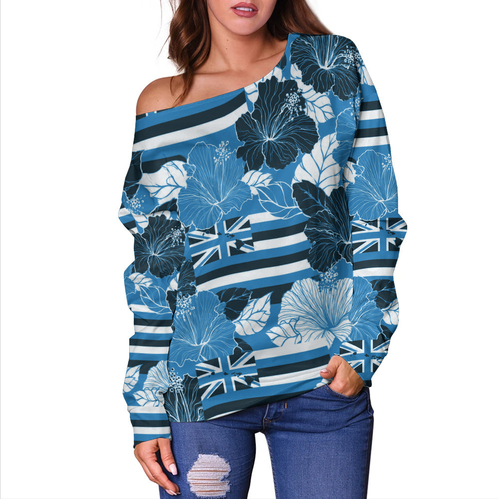 Hawaii Off Shoulder Sweatshirt Hibiscus Flag Map Island Pride