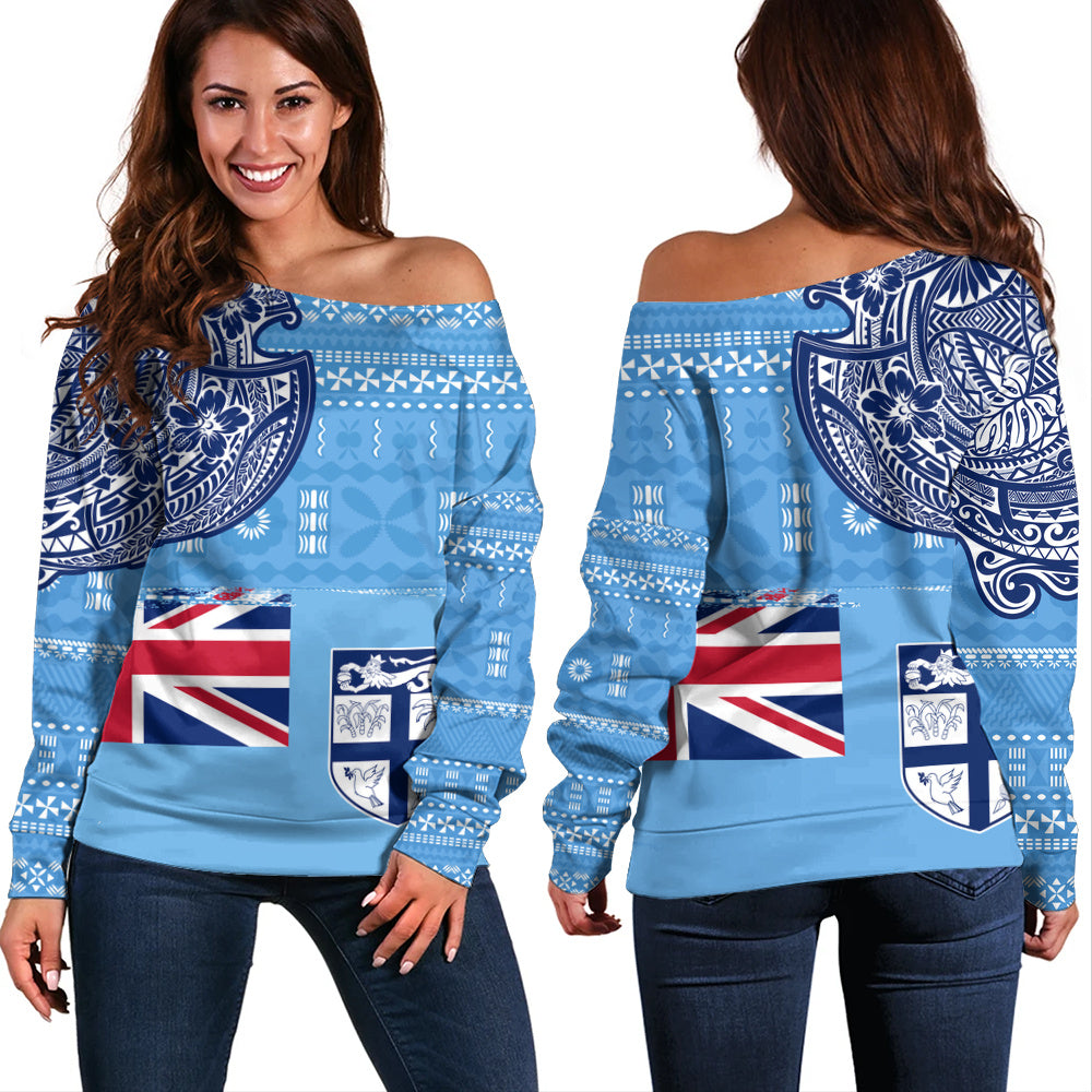 Fiji Off Shoulder Sweatshirt Ocean Blue Tribal Shield Pride