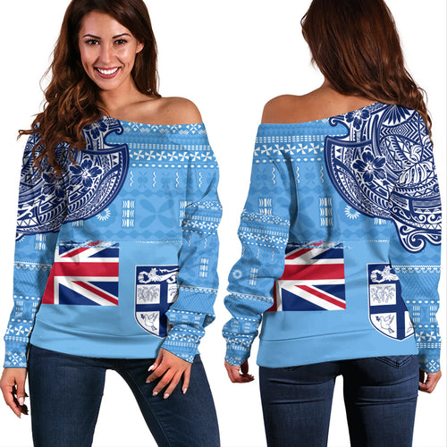 Fiji Off Shoulder Sweatshirt Ocean Blue Tribal Shield Pride